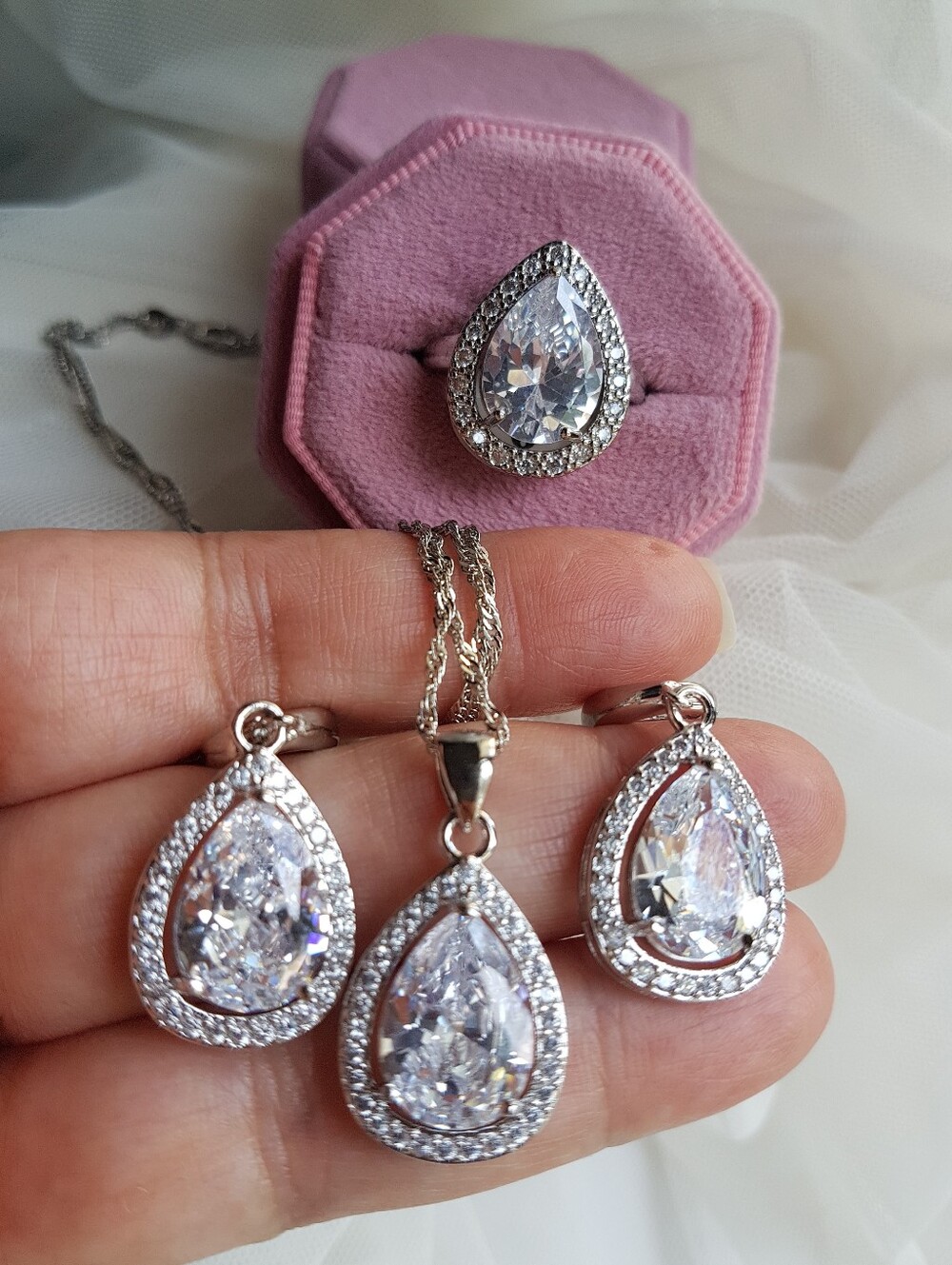 Swarovski Elements 925 Sterling Silver Large White Teardrop Halo Necklace NEW - Picture 6 of 12